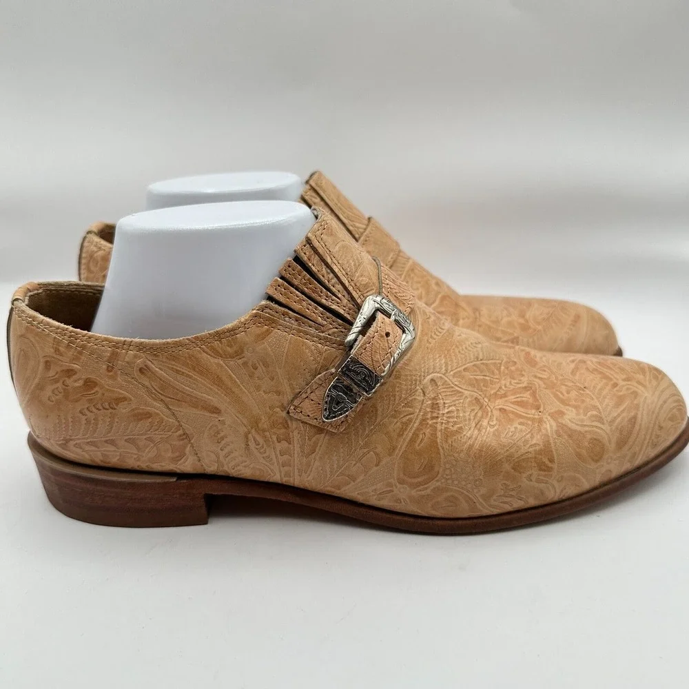 Justin Loafers Shoes Mens Size 8C‎ Narrow Tan Leather Tooled Monk Strap Western